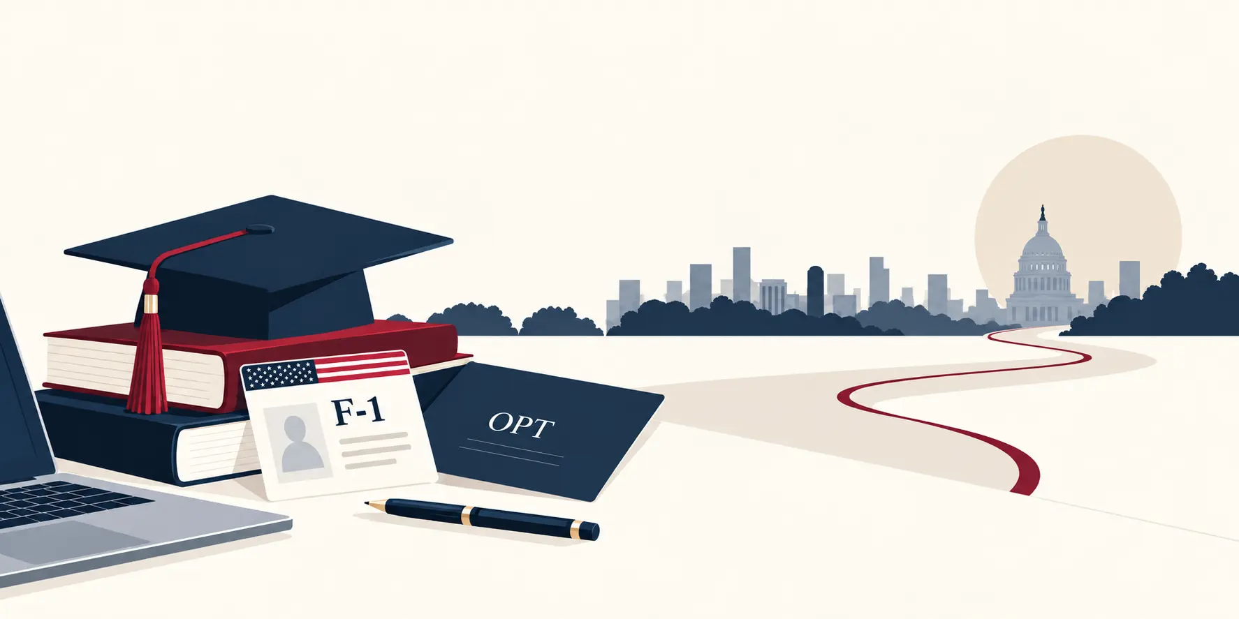 Illustration of a graduation cap on books beside an F-1 card, an OPT document, a laptop, and a path toward the United States Capitol