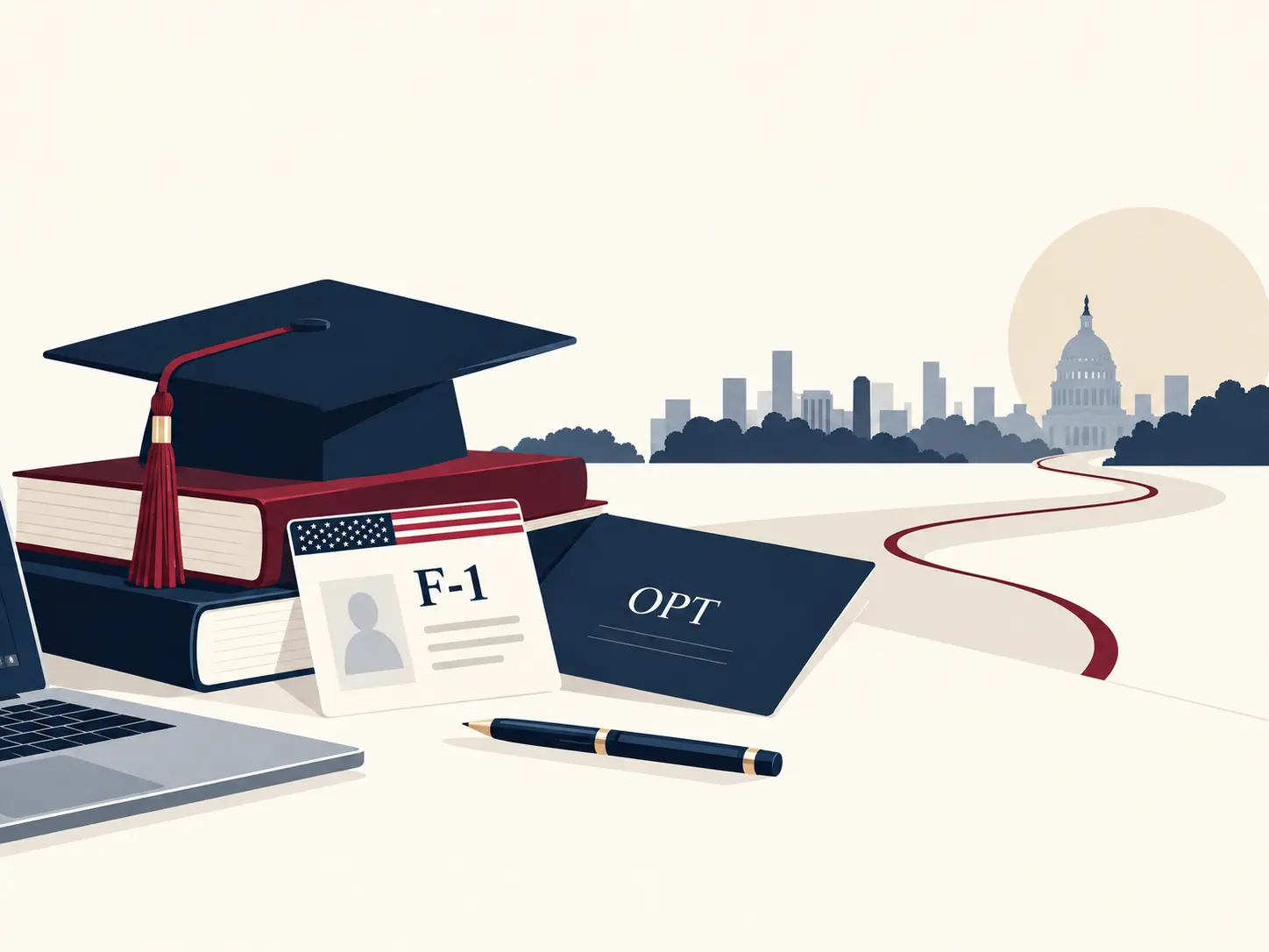 Ilustración de un birrete sobre libros junto a una tarjeta F-1, un documento OPT, una computadora portátil y un camino hacia el Capitolio de Estados Unidos