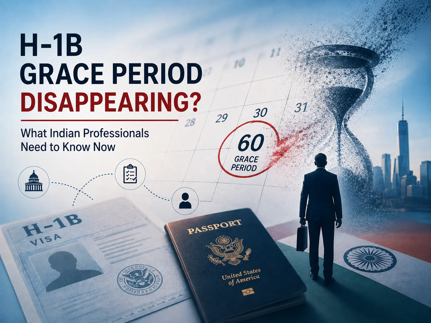 Artwork asking whether the H-1B grace period is disappearing, with a 60-day calendar, hourglass, passport, visa document, and Indian and U.S. imagery