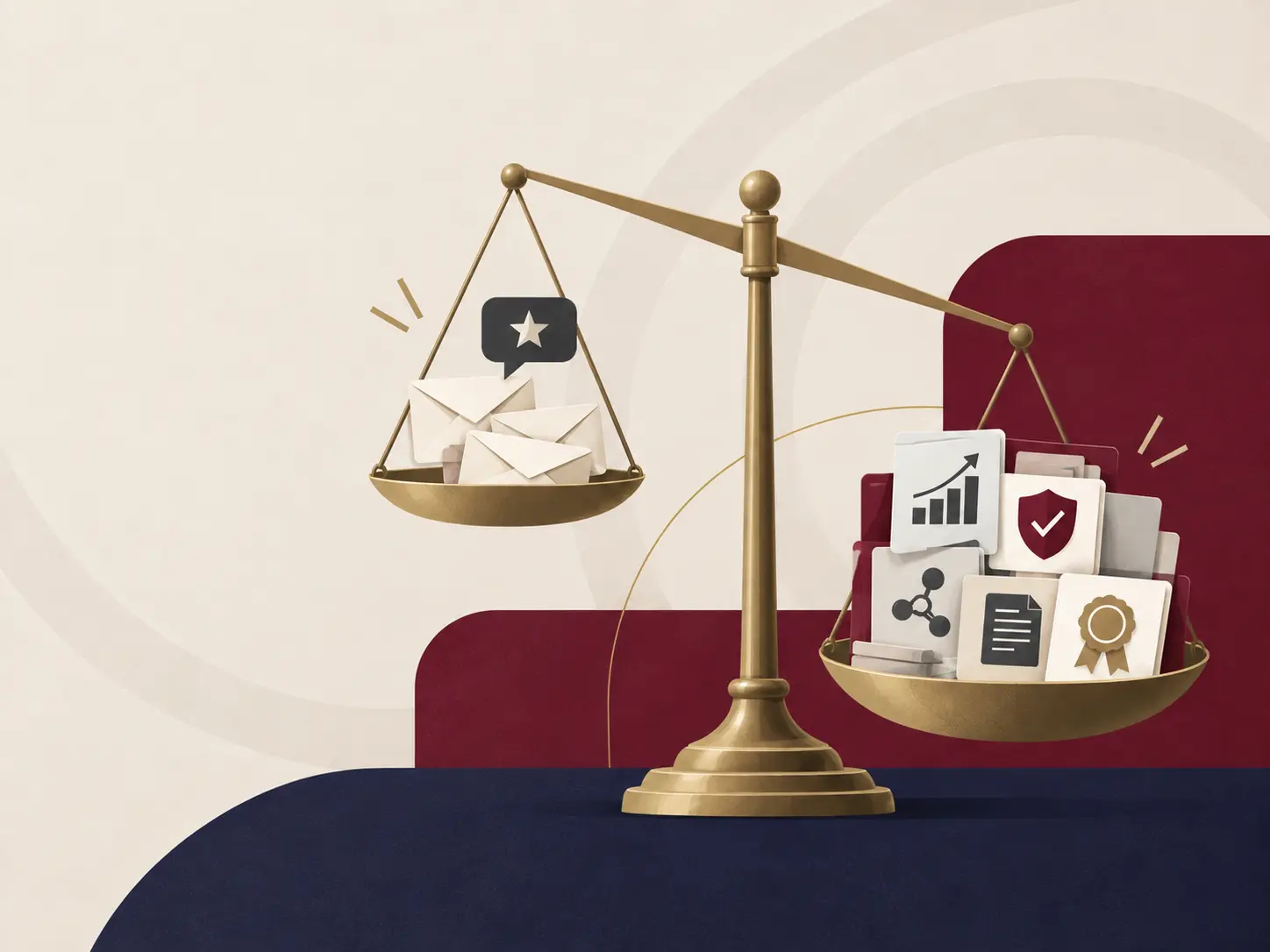 Gold balance scale comparing recommendation letters with objective evidence represented by metrics, documents, networks, and recognition