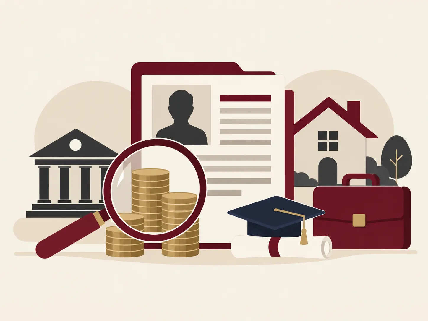 Illustration of a profile document, columned building, house, magnifying glass over coins, graduation cap, and briefcase