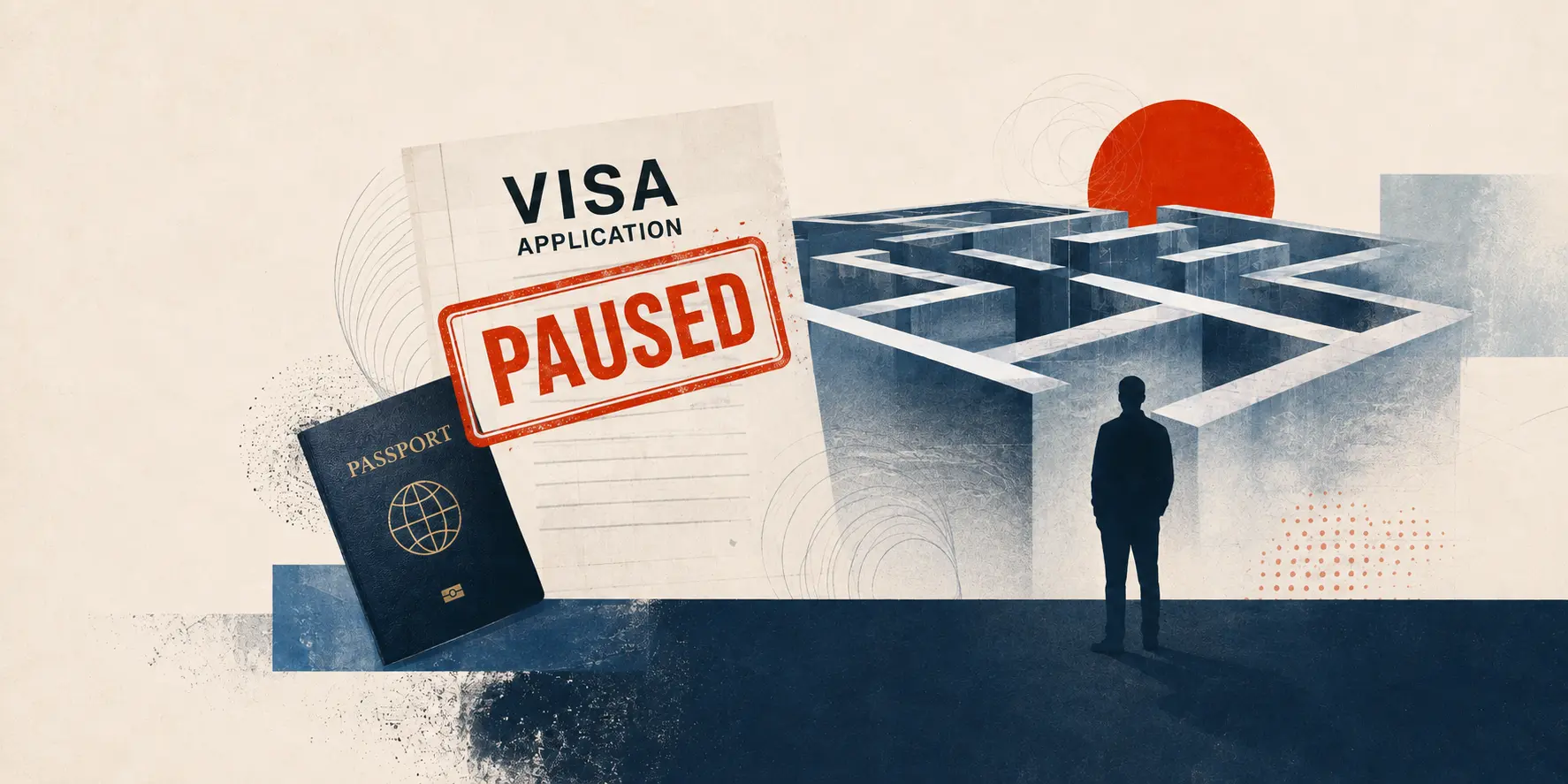 Visa application marked paused beside a passport and maze, with a person's silhouette